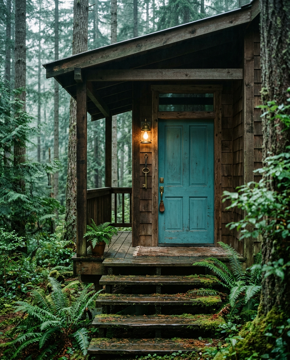 A small forest guesthouse porch with a teal door and a lit lantern, a generated illustration